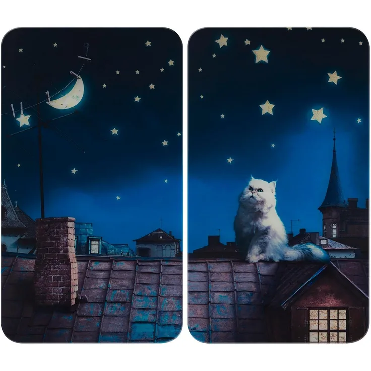 WENKO Herd-Abdeckplatte Universal Modell Moon Cat, Glas, (Set, 2 tlg), Herdabdeckung für alle Herdarten, kratzfest, mit rutschfesten Füßen