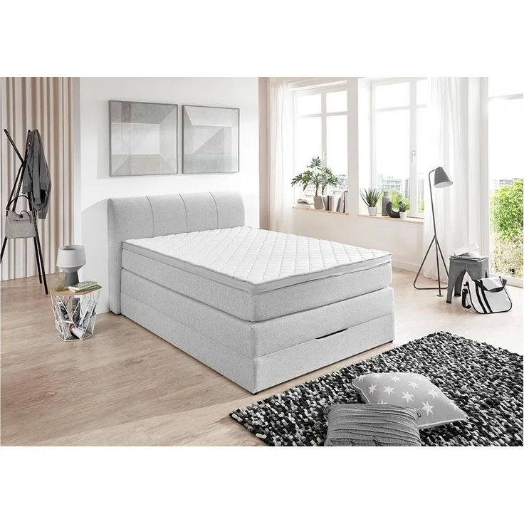 'Modesto BX1440' Boxspringbett mit Bettkasten, Stoff Silber, 140x200 cm