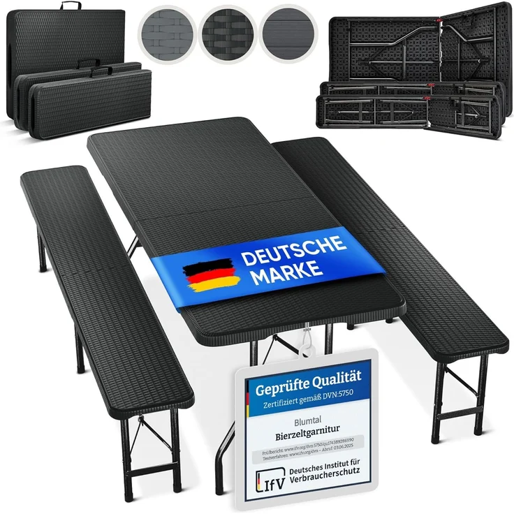Blumtal Bierzeltgarnitur 3er Set - 2X Bierbank + 1x Biertisch - tragstarke Biertischgarnitur klappbar für 8 Personen - Bierbankgarnitur mit Tragegriff - Biergartengarnitur in Rattan-Optik Schwarz – Bild 1