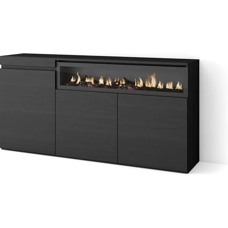 Skraut Home | Sideboard, Highboard | Kommode, Komodenschrank | 150 x 75 x 35 cm | 3 Türen | Elektrokamin. Maße | Moderner Stil | Schwarz
