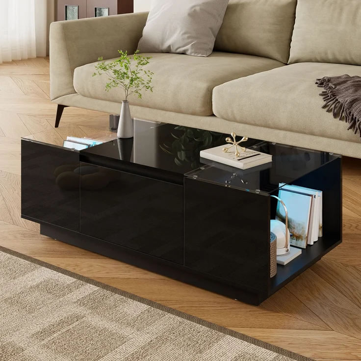 LED-Couchtisch 105×50×35 cm Schwarz Hochglanz Tisch mit Glasplatten, LED-Beleuchtung steuerbar via Bluetooth und App – Bild 4