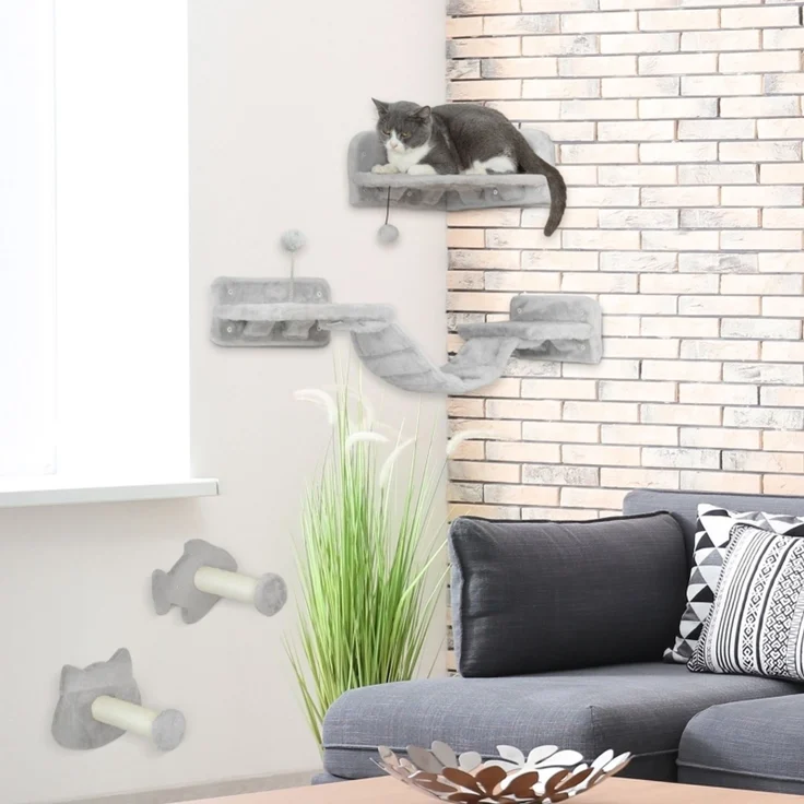 JARDJ Katzentreppen-Set, 4-teilig, Kratzmöbel mit Sisal-Stufen, doppelter Plattform, Hellgrau/Cremeweiß – Bild 2