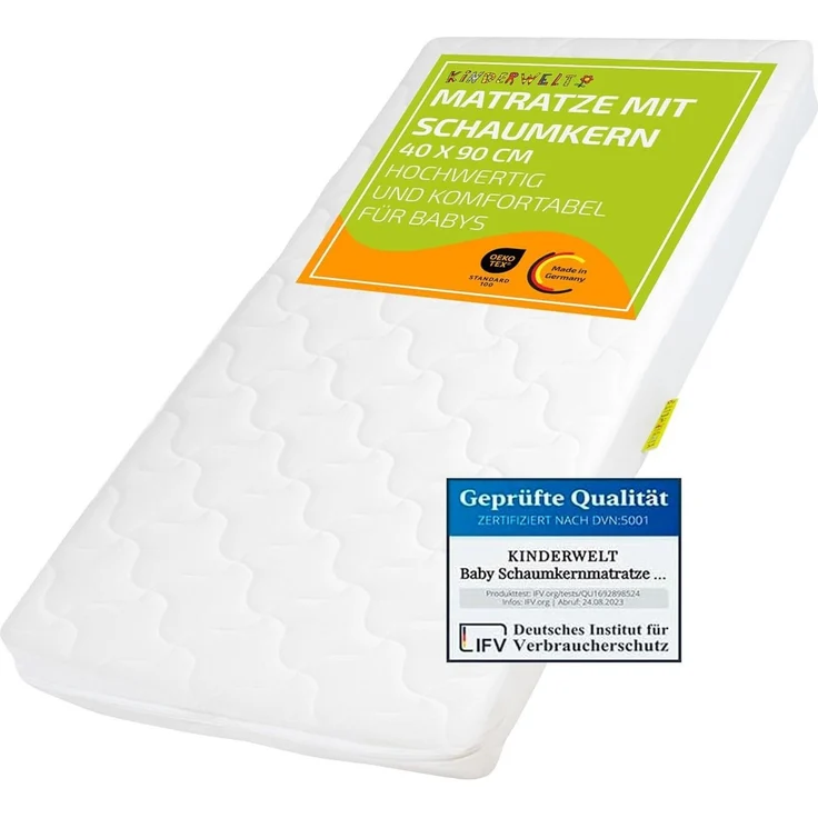 KiNDERWELT Babymatratze 40 x 90 x 10 cm, Schaumkernmatratze Komfortbezug gesteppt, Matratze für Kinderbett, Schaumstoffmatratze Kinder, Made in Germany – Bild 2