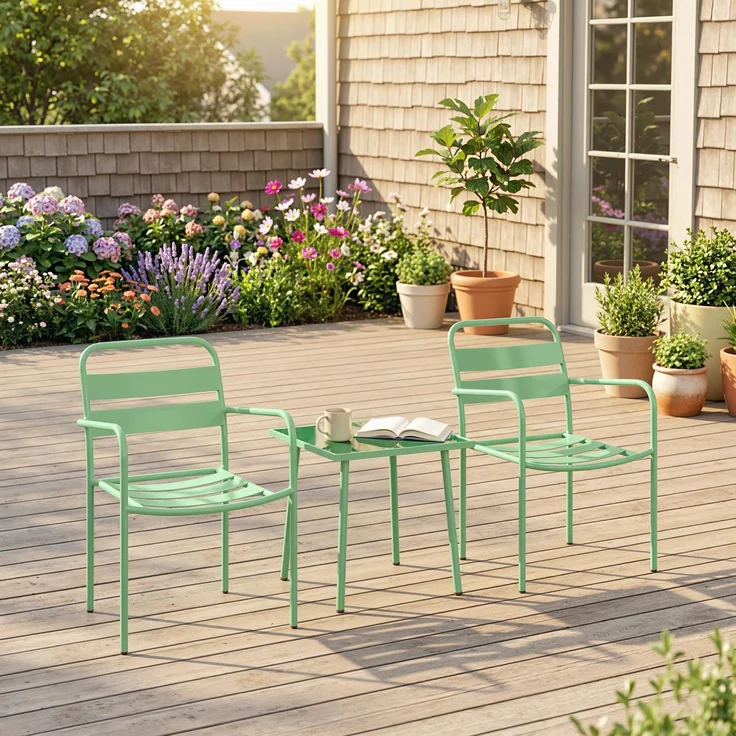 3-teiliges Garten-Bistro-Set – Couchtisch aus Hartglas und 2 Stühle mit Lattenbeinen, Gestell aus verzinktem Stahl, grün – Bild 4