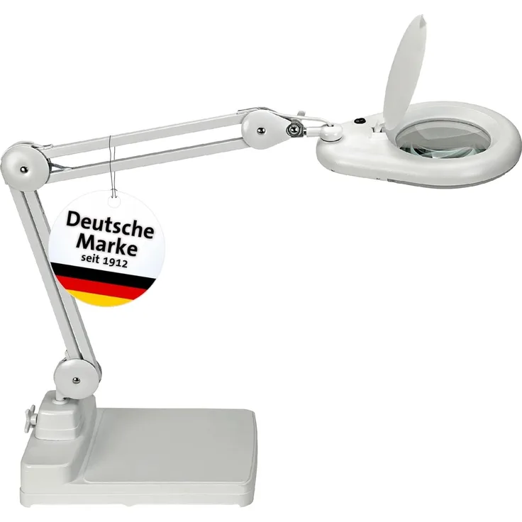 MAUL LED-Lupenleuchte Glaslinse 127mm (5 Zoll) Standfuß weiß m. Abdeckung,runder Kopf