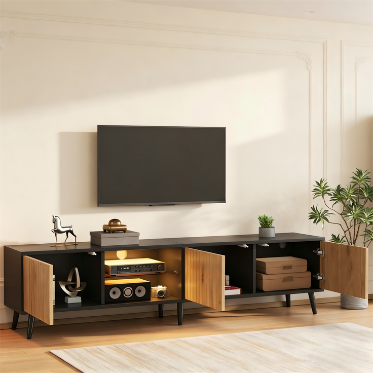 Merax 175cm LED-TV-Schrank für das Wohnzimmer, Naturholzfarbe + Schwarz, lowboard mit 6 Stützbeinen, Schrank aus gehärtetem Glas, 3 Schränke für viel Stauraum, Geeignet für 75-Zoll – Bild 3