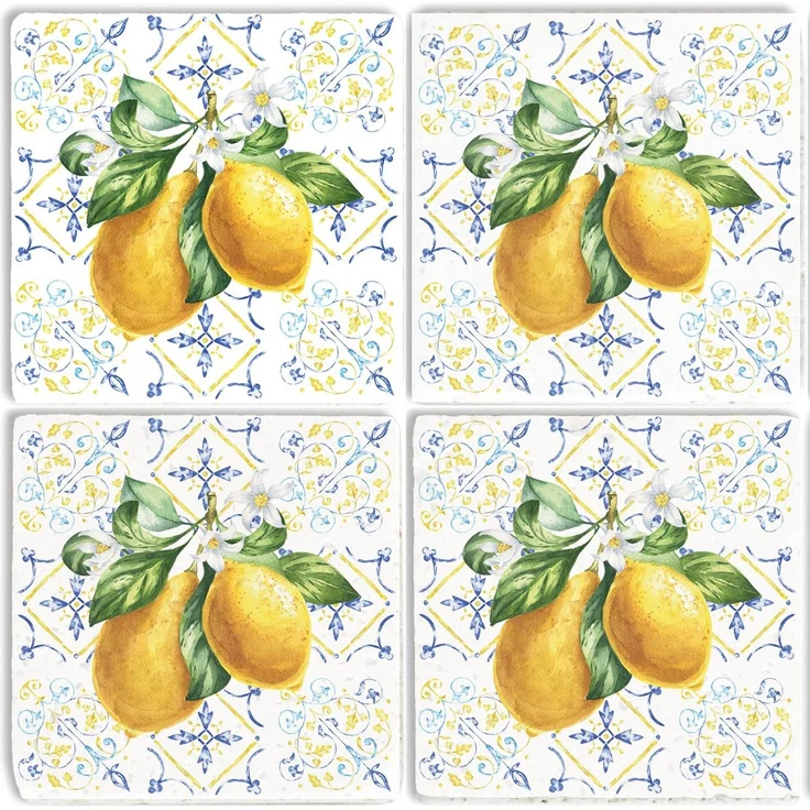 queence Getränkeuntersetzer Zitronen Mosaik Motiv Fliesen Steine, Set, 4-tlg, Zitronen Set Topfuntersetzer Naturstein Untersetzer 10x10x1cm – Bild 1