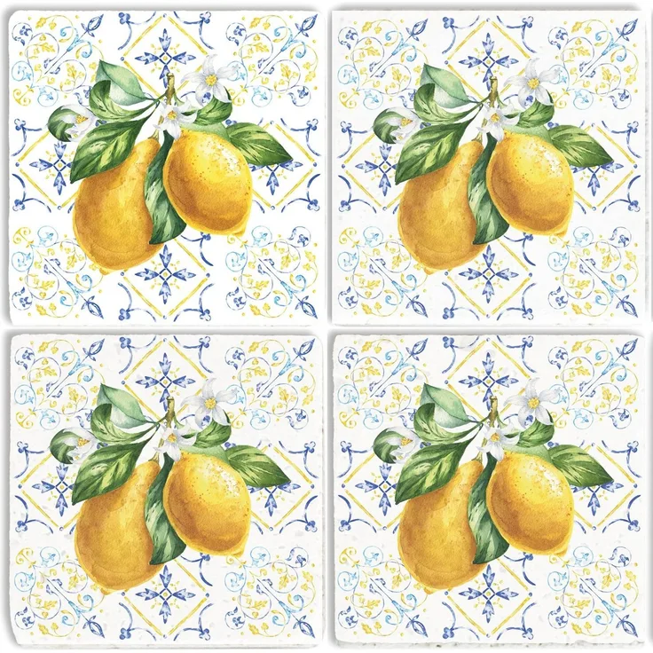 queence Getränkeuntersetzer Zitronen Mosaik Motiv Fliesen Steine, Set, 4-tlg, Zitronen Set Topfuntersetzer Naturstein Untersetzer 10x10x1cm