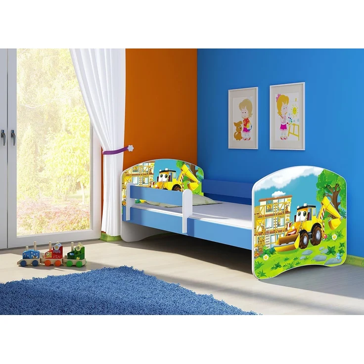 ACMA Kinderbett Jugendbett mit Einer Schublade und Matratze Blau mit Rausfallschutz Lattenrost II 140x70 160x80 180x80 (20 Bagger, 140x70) – Bild 2