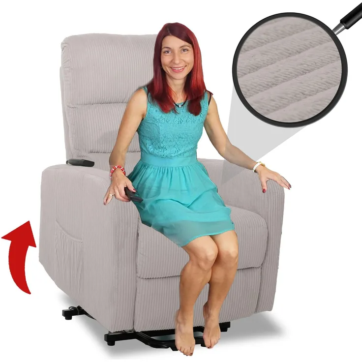Fernsehsessel HWC-K62, Relaxsessel TV-Sessel Liege, Liegefunktion Aufstehhilfe, Metall Stofff/Textil Cord ~ hellgrau