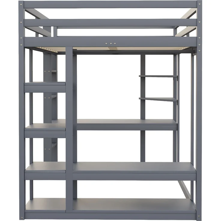 Hochbett 140x200 cm mit Schreibtisch und Stauraum,Kinder- & Jugendbett aus Massivholz,Leiter & Regale,Grau – Bild 9