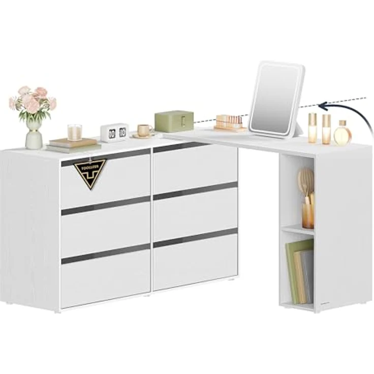 SONGMICS HOME Kommode, Schrank, Schminktisch mit Regal, Schnelle werkzeuglose Montage, nebeneinander oder L-förmig, für Schlafzimmer, Arbeitszimmer, Toolless-Technologie,schneeweiß – Bild 2