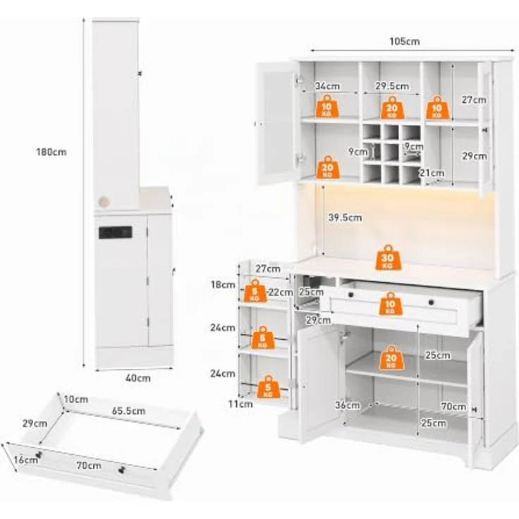 Ball & Cast Küchenschrank, Buffetschrank mit verstellbaren Einlegeböden, Steckdosen und Integrierter Beleuchtung, 105 x 40 x 180 cm, Weiß – Bild 3
