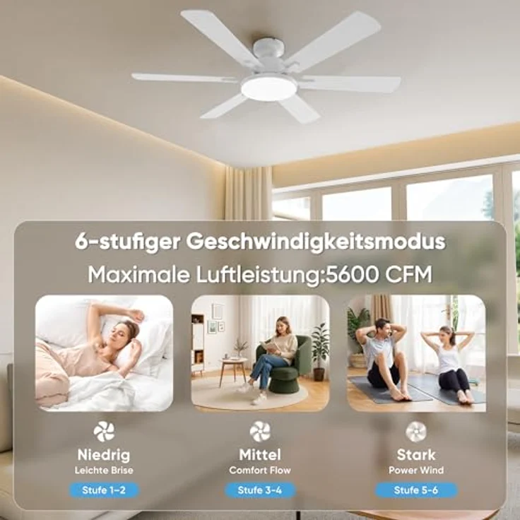 ROTTOGOON Deckenventilator mit Beleuchtung 132cm Leise DC Motor, Weiß – Bild 3
