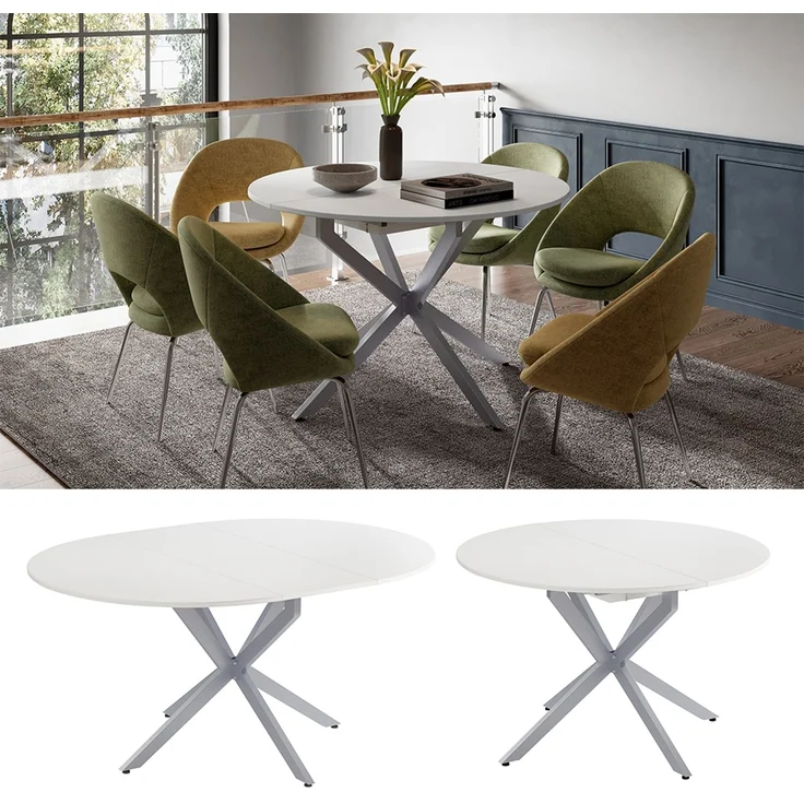 Vicco 'Loyd' Esstisch, ausziehbar, Spanplatte Weiß, Stahl Grau, 20-160 x 76,5 x 120 cm – Bild 2