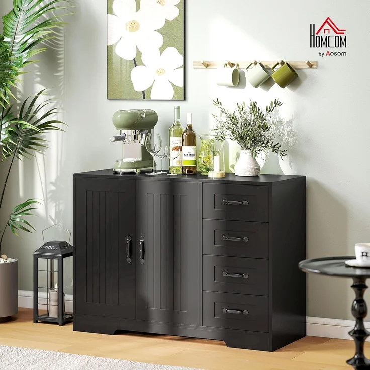 HOMCOM Sideboard Beistellschrank mit 4 Schubladen, 2 Türen, verstellbarem Einlegeboden (Aufbewahrungsschrank, 1 St, Küchenschrank), für Wohnzimmer, 105 x 40 x 76 cm, Schwarz – Bild 2