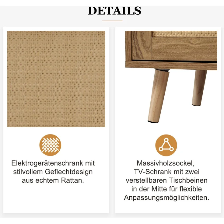 TV-Schrank, Rattan-Design, mit 2 Türen, 2 Schubladen & höhenverstellbaren Füßen, 200x37x49 cm, Eiche – Bild 6