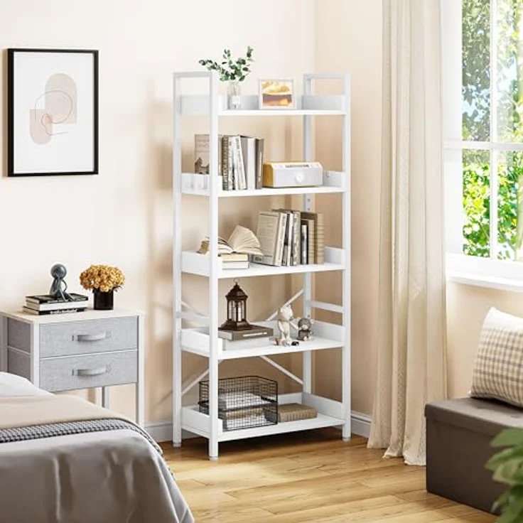 YITAHOME Bücherregal 5 Etagen, Bodenstehendes Bücherregal, Holzregal und stabiles Stahlrahmenregal mit 4 Haken Industrielles Lagerregal für Wohnzimmer, Heimbüro, Reinweißes – Bild 2
