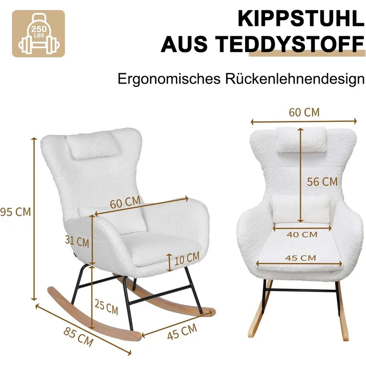 Schaukelstuhl aus Teddy-Velours mit Polsterung & Schaukelmechanik, 45x85x95 cm, Weiß – Bild 10