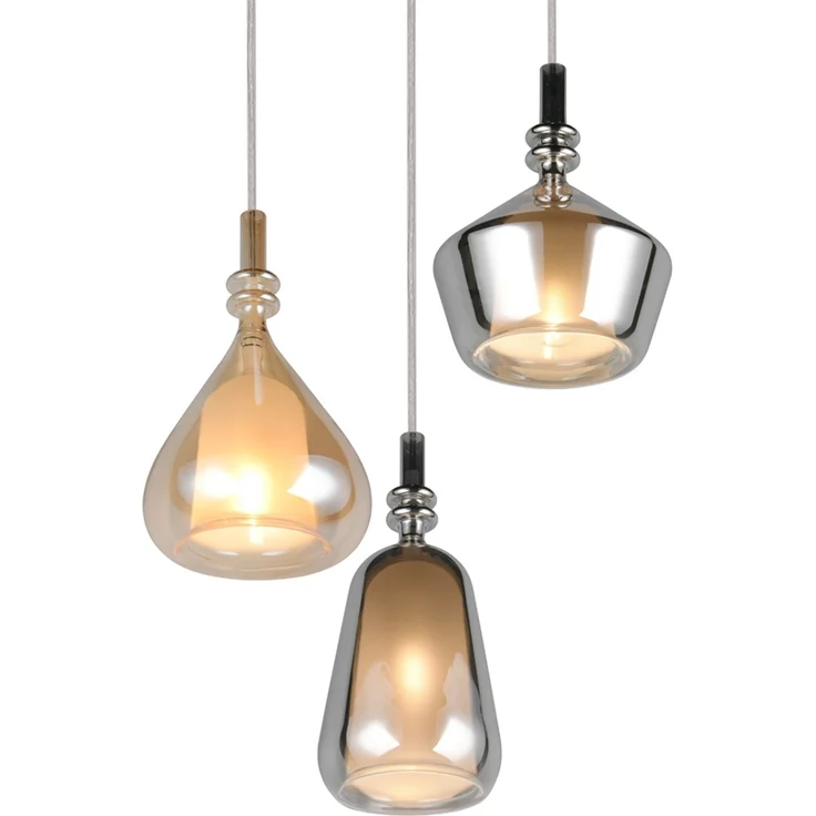 LED Cluster Pendelleuchte 3-flammig Glas Bernstein & Chrom verspiegelt, Ø 35cm – Bild 8