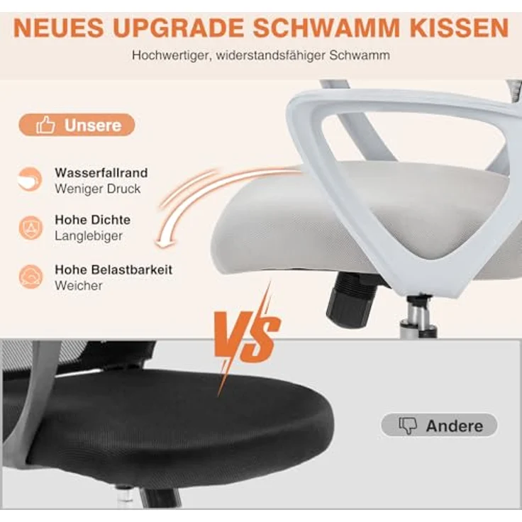 Sweetcrispy Bürostuhl Ergonomisch, Schreibtischstuhl mit Lendenwirbelstütze, Verstellbaren Armlehnen Drehstuhl, Höhenverstellbarer Office Chair, Bürostühle Geeignet für Büro und Schlafzimmer, Grau – Bild 5