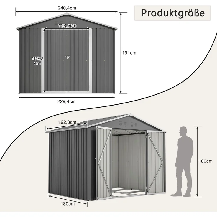 ZUBALIYA Stabiles Metall-Gerätehaus in Anthrazit 8x6 FT mit praktischer Klapptür Ideal als Gartenschuppen für Werkzeuge & Gartengeräte – Bild 2