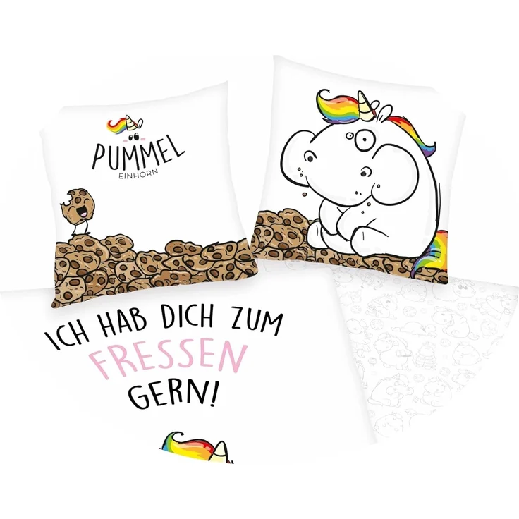 Herding Jugendbettwäsche Einhorn Biber Flanell Wende Bettwäsche 2 tlg. 135x200cm Pummeleinhorn, Flanell, 2 teilig, Ich hab Dich zum Fressen gern, warme Bettwäsche mit Wendemotiv – Bild 2