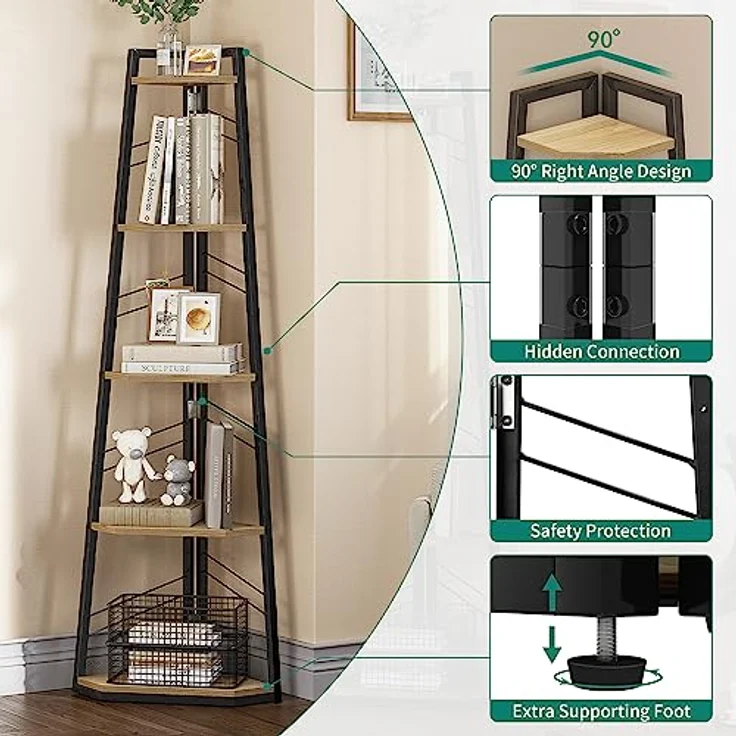 YITAHOME 5-Stöckiges Eck-Bücherregal - Industrielles Freistehendes Leiter-Bücherregal, Modernes Offenes Holzregal für Wohnzimmer, Diele, Home Office, Eiche – Bild 6
