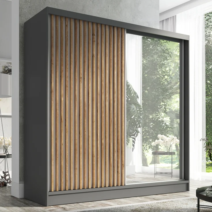A&J MöbelLand Schwebetürenschrank LINA mit 3 Schubladen, 3D-Lamellen und Spiegel – Bild 3