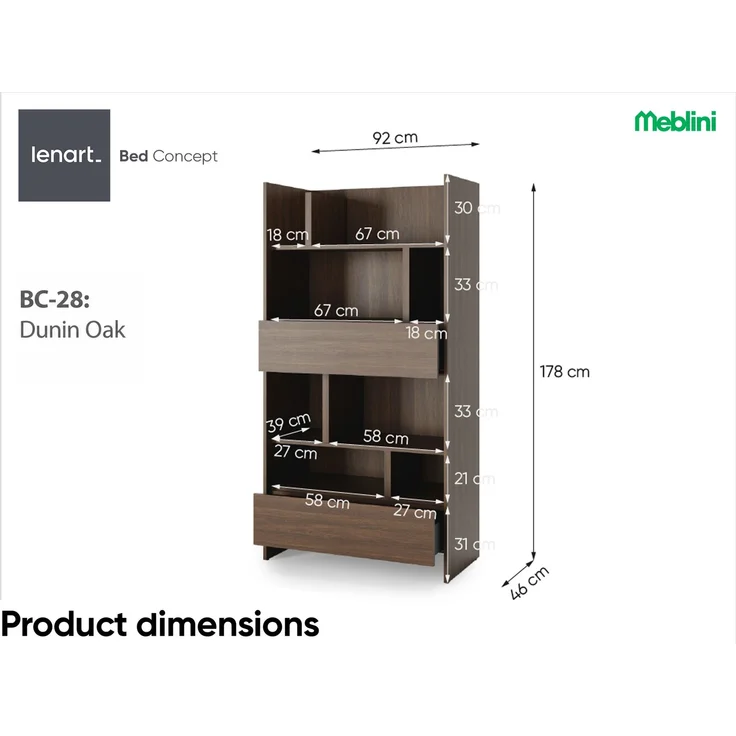 MEBLINI Wohnzimmerschrank BC-28 für Schrankbett - Dunin Eiche - 92x178x46cm - Hochschrank mit Regalen, Fächern und Schubladen – Bild 4