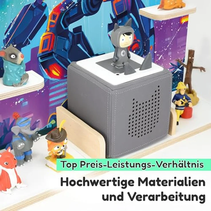 stadtecken Holzregal für Musikbox I Geeignet für die Toniebox und ca. 50 Tonies I Perfekte Tonie Aufbewahrung im Kinderzimmer I Zum Aufstellen oder Aufhängen (Robots, Groß) – Bild 4