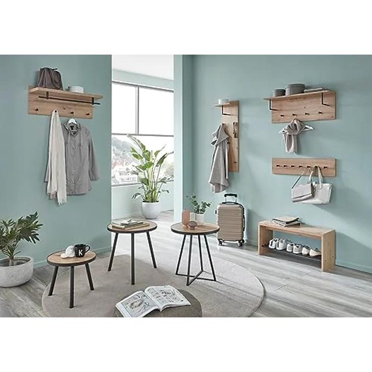 XXXL Garderobenpaneel, Schwarz und Eiche, mit 5 Haken und Hutablage, 30x100x20 cm, Wandgarderobe – Bild 8