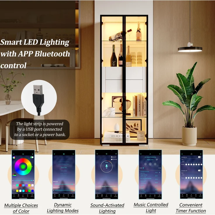 DESVIAE Vitrine mit LED-Beleuchtung und 2 Schubladen 60x160x40 cm MDF/Hartglas Weiß/Schwarz – Bild 4