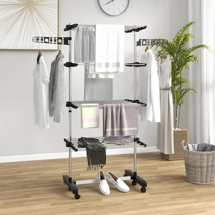 HOMCOM Wäscheständer Turm Standtrockner mit 4 Ebenen, klappbare Flügel, Rollen, für Indoor, Outdoor, Stahl Schwarz 80,142 x 55 x 172 cm