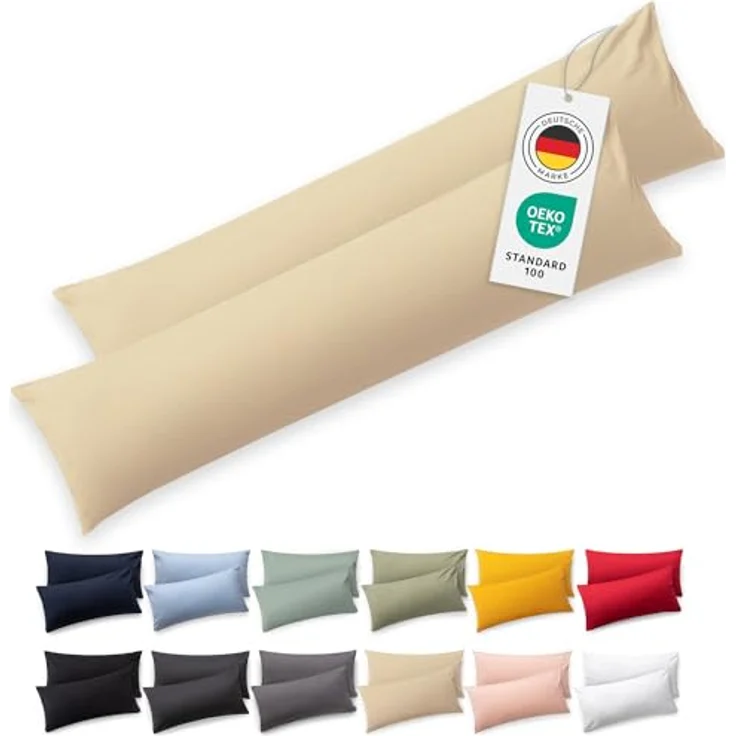 Blumtal Seitenschläferkissen Bezug 40x145 (2er Set Kissenbezüge) - Beige - 100% Baumwolle, Oeko-Tex Zertifiziert, Kissenbezug für Seitenschläferkissen, Kissenhülle mit Reißverschluss – Bild 2