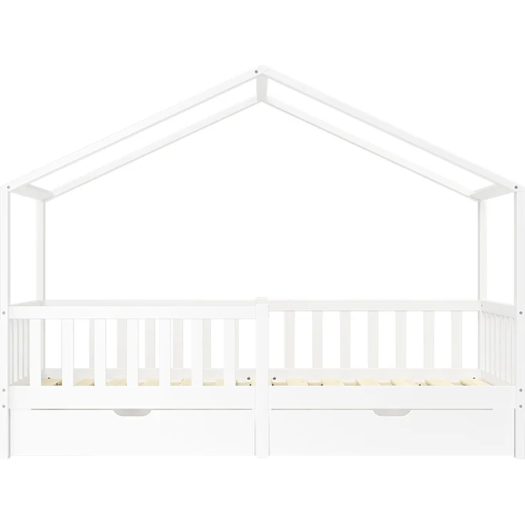 Bellabino 'Bia' Hausbett 90x200 cm mit 2 Schubladen, weiß, Kiefer Massivholz, Montessori Kinderbett mit Stauraum, inkl. Rausfallschutz und Lattenrost – Bild 11