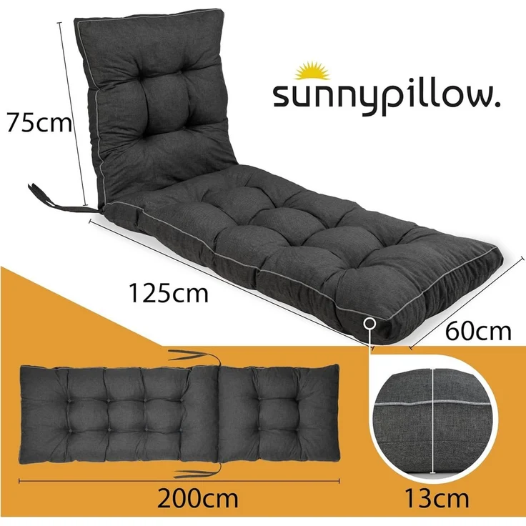 sunnypillow Liegenauflage 200x60 - Auflage für Gartenliege extra dick 13cm, Anthrazit – Bild 2