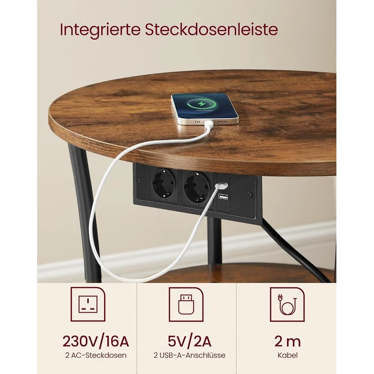 VASAGLE Beistelltisch rund, 2-stufiger Couchtisch mit Steckdosenleiste, Konsolentisch, Stahlrahmen, für kleine Räume, Wohnzimmer, Schlafzimmer, vintagebraun-tintenschwarz LET077KD01 – Bild 4