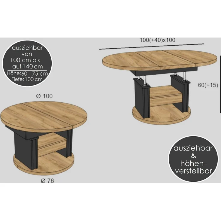 designimpex Couchtisch DA-999 rund ausziehbar höhenverstellbar mit Schublade Wohnzimmer Tisch, Funktionstisch, Wohnzimmertisch, Tisch, Esstisch, Sofatisch, Rollen – Bild 2
