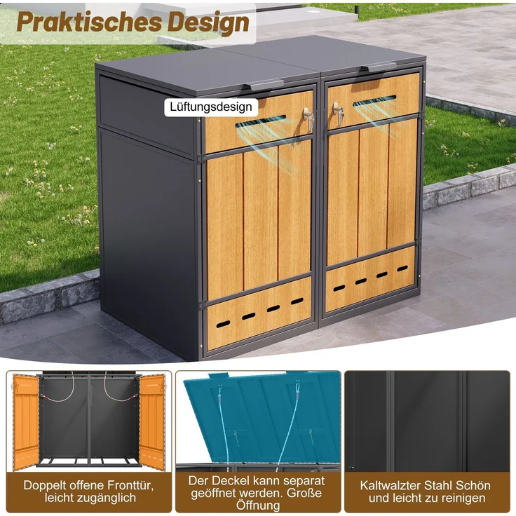 Mülltonnenbox, Mülltonnenverkleidung, 120L 240L, wetterfest, Container, Abfallbehälter, Tonnenhaus, Gartenbox, abschließbare Müllbox (4 Tonnen) – Bild 6