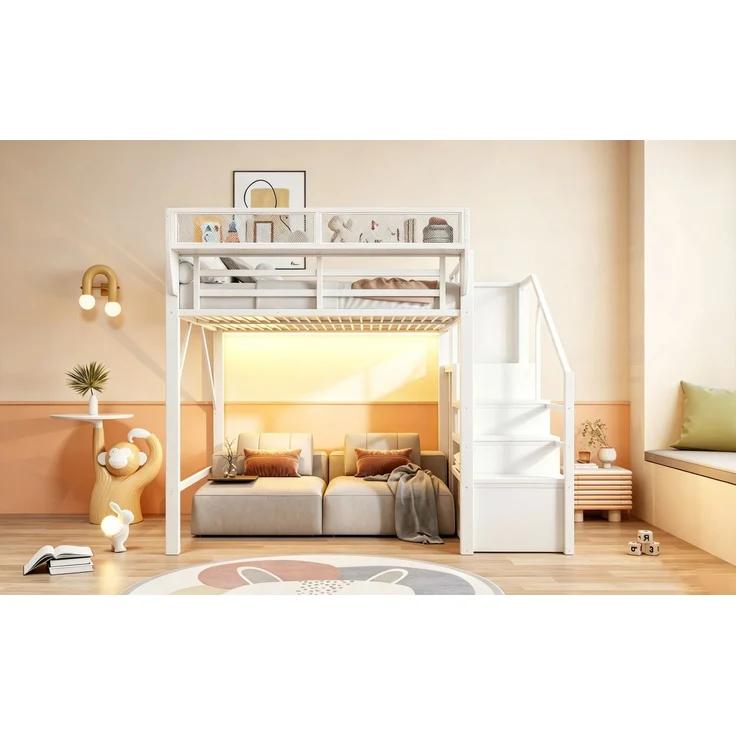 ZUBALIYA Hochbett 140 × 200 cm, Metall, LED-Beleuchtung, Leiter, Weiß – Bild 11