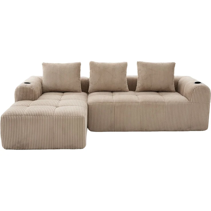 LVHOM Ecksofa 3 sitzer, Bodensofa mit Seitentaschen und Getränkehalter, Polstersofa aus Cordstoff, frei Kombination, Modulares Chaiselongue-Sofa-Set, 253x158x61 cm – Bild 2