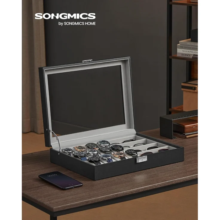 SONGMICS Uhrenbox, abschließbarer Uhrenkasten, Uhrenkoffer, Organizer für Uhren, mit 16 Fächern, Glasdeckel, Geschenk für die Liebsten, PU-Bezug in Schwarz, Samtfutter in Taubengrau JWBDE112G01 – Bild 2
