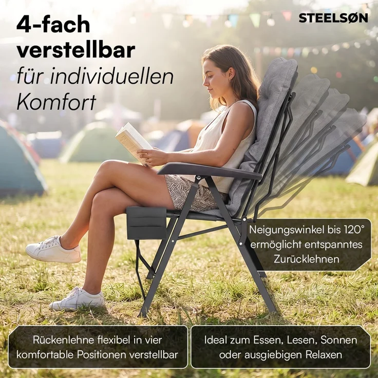 STEELSØN 'Hoggar' Campingstuhl faltbar mit Seitentasche und Getränkehalter, grau, bis 150 kg, gepolsterter Campingstuhl – Bild 8