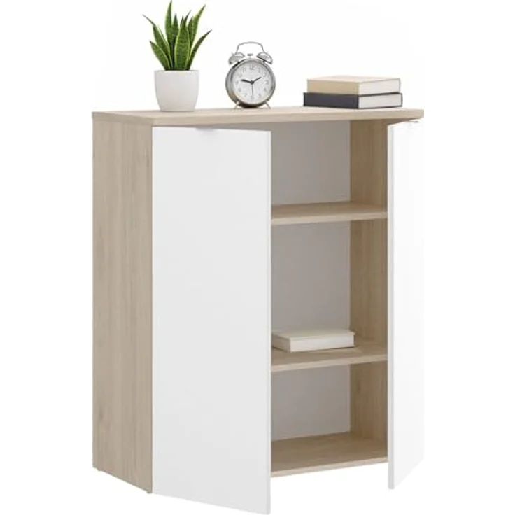 Dmora - 2-türiger Mehrzweckschrank Gaviola, multifunktionaler niedriger Schrank, Schuhschrank, 79 x 40 x 96 cm, Weiß und Eiche – Bild 4