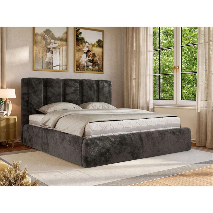 Polsterbett SAVINO CLASSIC mit Bettkasten und Lattenrost Doppelbett 140 x 200 cm mit hohem Kopfteil Stauraumbett Bett mit Gasdruckfeder - Dunkelgrau Plüsch - Multipocket Matratze - ELORI LUX – Bild 1