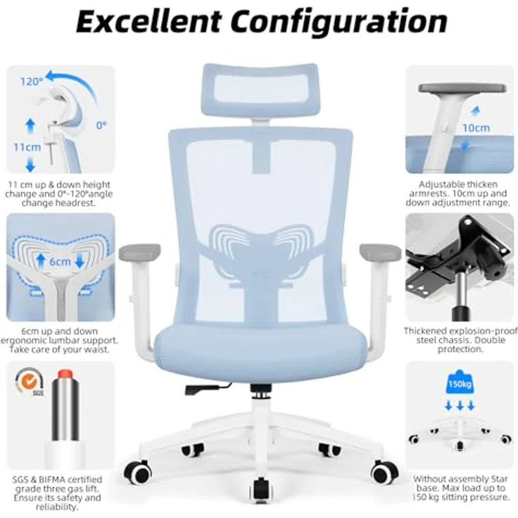 Daccormax Bürostuhl Ergonomisch, mit verstellbarer Kopfstütze, Lendenwirbelstütze & Wippfunktion, Mesh blau, 70 x 70 x 128 cm – Bild 7