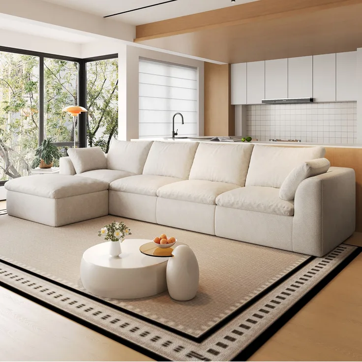 Ecksofa mit Leinenbezug und Schaumstoffpolsterung, 5-Sitzer, 310x155x83 cm, Weiß