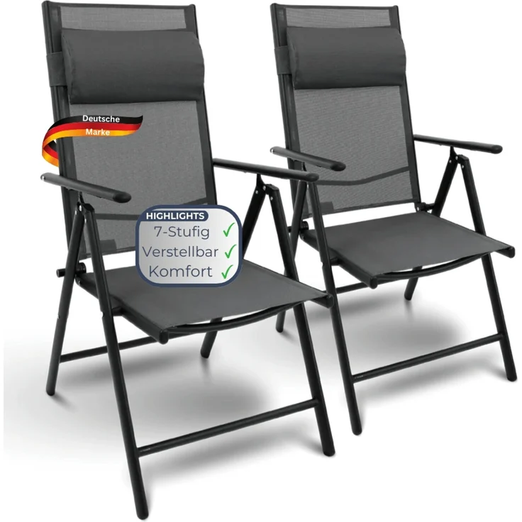 2er Set Gartenstuhl Hochlehner Verstellbar VOGT - Stahlgestell | Gartenstühle Klappbar mit Kopfkissen Campingstuhl Wetterfest Klappstuhl, Anthrazit – Bild 1