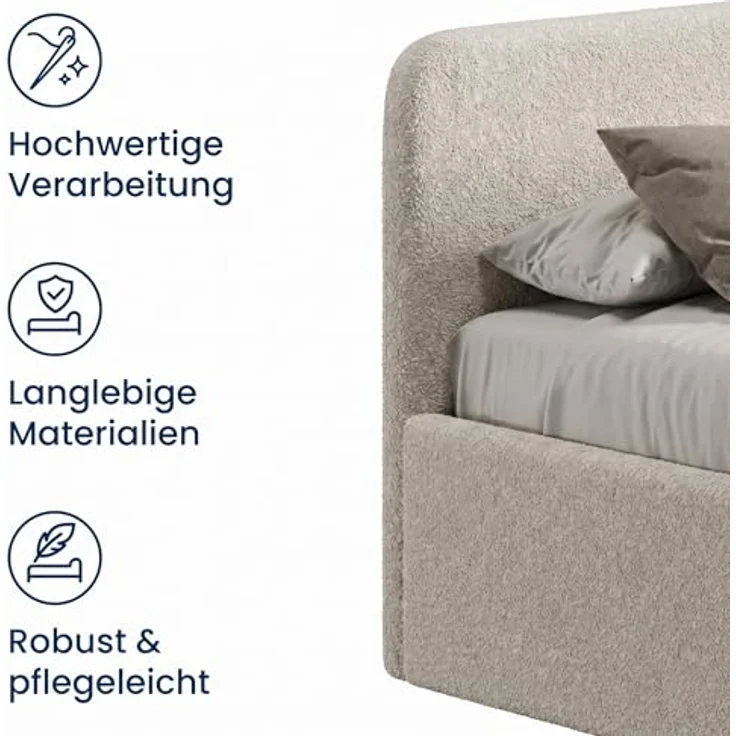 Home Collective Polsterbett mit Stauraum und verstellbarem Lattenrost, Bouclé-Stoff in Creme, viele Größen erhältlich (100x200 bis 200x200), wählbare Matratze Federkern oder Kaltschaum – Bild 7